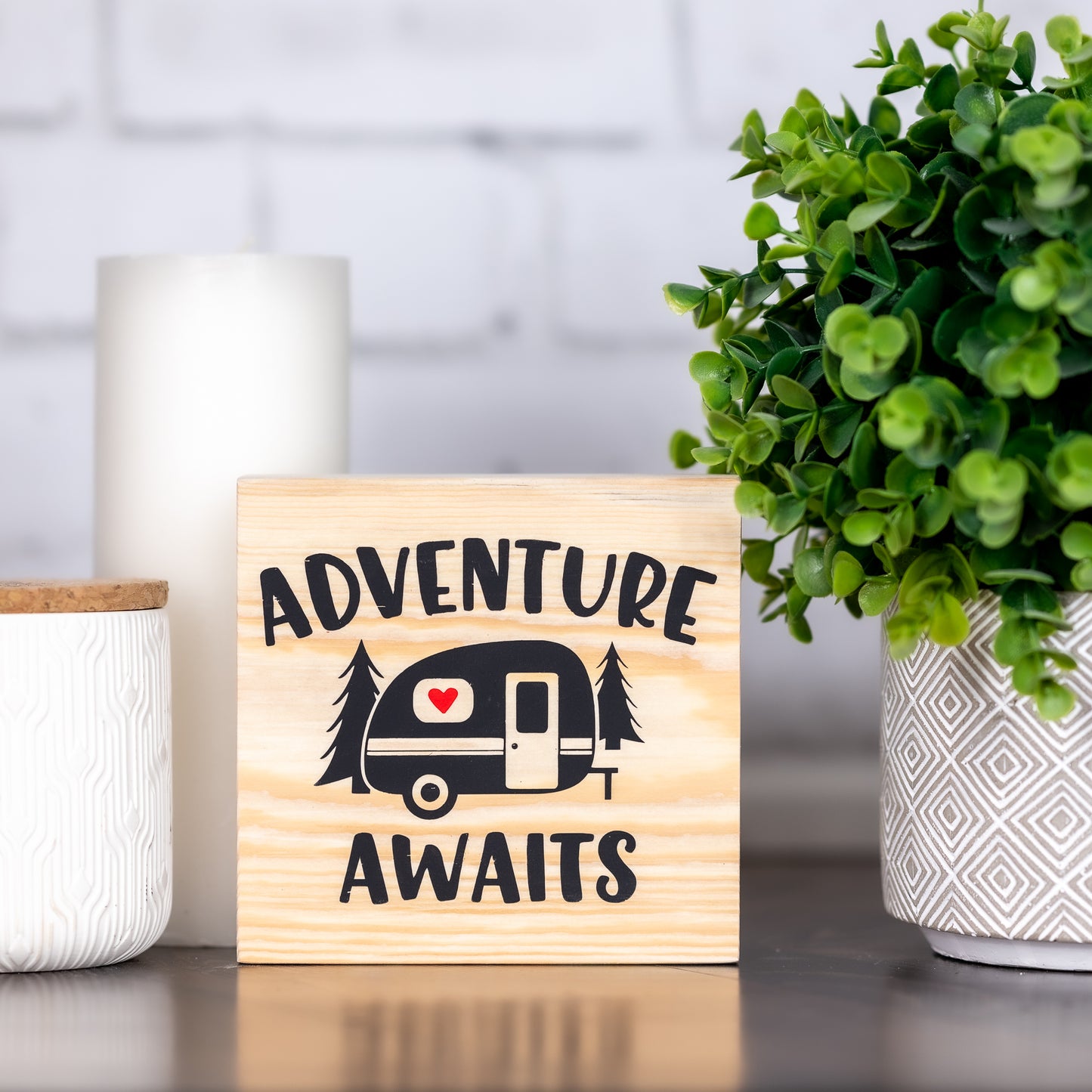 adventure awaits camper ~ shelf block sign