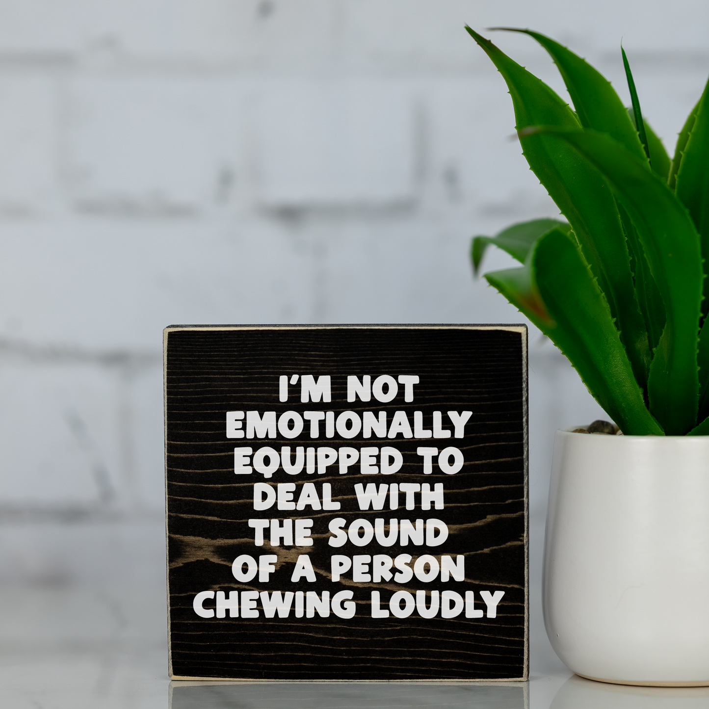 Black stained block with with humorous text next to a potted plant on a white surface.