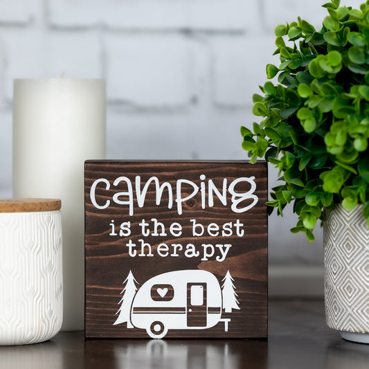 camping is the best therapy ~ shelf block sign